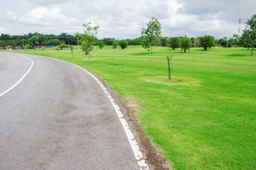 Lawn and road in park.