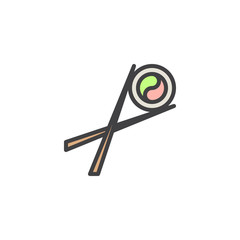 Chopsticks holding sushi roll filled outline icon, line vector sign, linear colorful pictogram isolated on white. Asian cuisine fast food symbol, logo illustration. Pixel perfect vector graphics