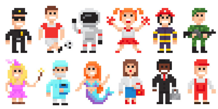Pixel art characters set, professions pixel art people isolated design.