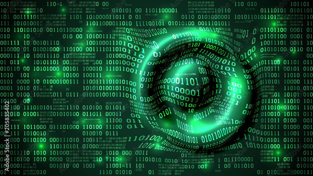 Poster Abstract futuristic cyberspace with binary code and circular waves, matrix background with digits, neural network, well organized layers