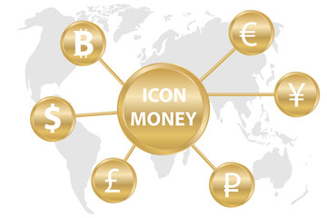 Currency icons on the background of the world map. Currency icons on a gold background. The world currency.