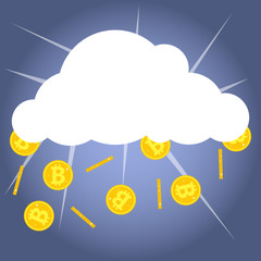 Bitcoins drop out of the cloud, gold coins of bitcoin on a blue background.