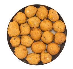 Indian Spicy Street Food Dal Vada Also Know as Moong Dal Vada, Pakoda, Pakode, Pakore, Moong Vada, Pakora or Bhajiya isolated on White Background