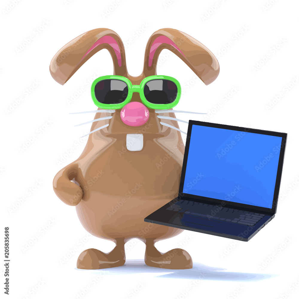 Wall mural 3d chcolate easter bunny has a laptop