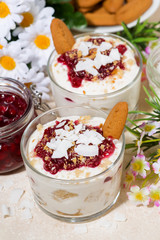 dessert in a glass with cookies, cream and jam, vertical top view