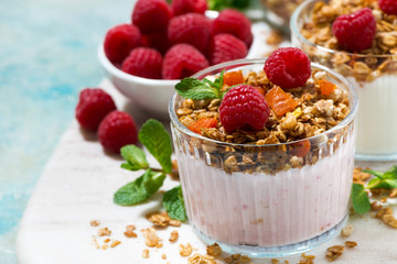 dessert with homemade granola, fresh raspberries, fruit and natural yoghurt, closeup