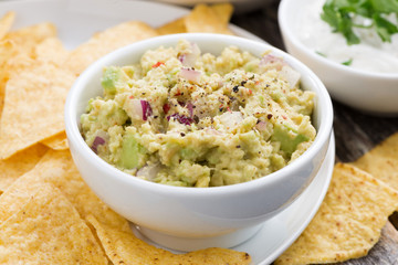 guacamole, tomato salsa and corn chips, closeup