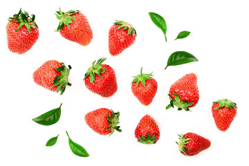 Strawberries isolated on white background. Top view. Flat lay pattern