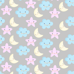 Baby cute pastel colors seamless pattern. Vector illustration with stars cloud and moons