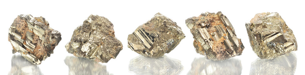 macro shooting of natural mineral rock specimen -  pirite,stone on an isolated white...