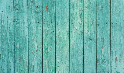 Fototapeta na wymiar Shabby Plank Weathered Wood Background. Pastel Turquoise Color. Flaked Chipped Paint Texture. Rustic Style. Seamless Pattern. Wallpaper Backdrop Template