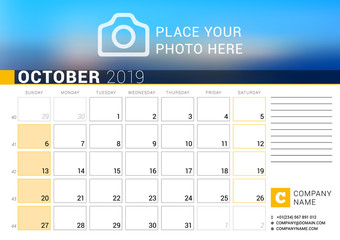 Calendar for October 2019. Vector Design Print Template with Place for Photo, Logo and Contact Information. Week Starts on Sunday. Calendar Grid with Week Numbers and Place for Notes