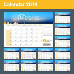 Calendar for 2019 Year. Vector Design Print Template with Place for Photo, Logo and Contact Information. Week Starts on Sunday. Calendar Grid with Week Numbers and Place for Notes