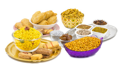 Indian Group of Diwali and Holi Celebration Food Namkeen, Chivda, Chiwada, Karanji, Namkin, Nimco, Mixture Namkeen, Masala Chana, Gujiya, Chana Chor Garam, Cookies, Biscuits or Mouth Freshner