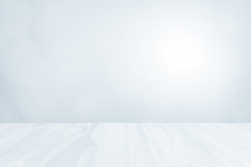 Wood terrace white blurred and Christmas or focus design in happy holiday party. Vintage or Pastel spring lights include in surface and flare bright glow under sun at smooth plain texture background.