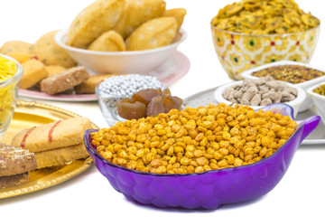Indian Group of Diwali and Holi Celebration Food Namkeen, Chivda, Chiwada, Karanji, Namkin, Nimco, Mixture Namkeen, Masala Chana, Gujiya, Chana Chor Garam, Cookies, Biscuits or Mouth Freshner