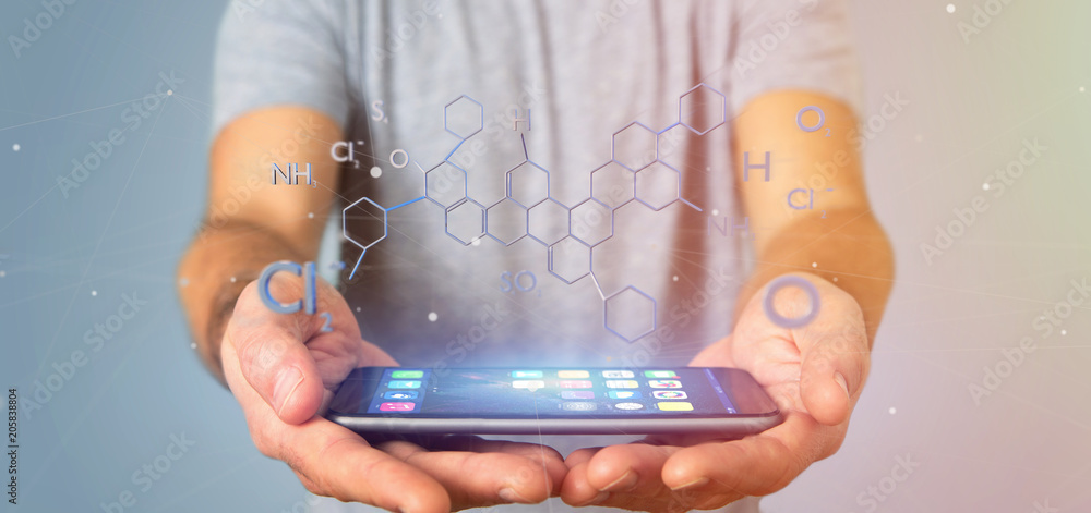 Poster businessman holding a 3d rendering molecule structure isolated on a background