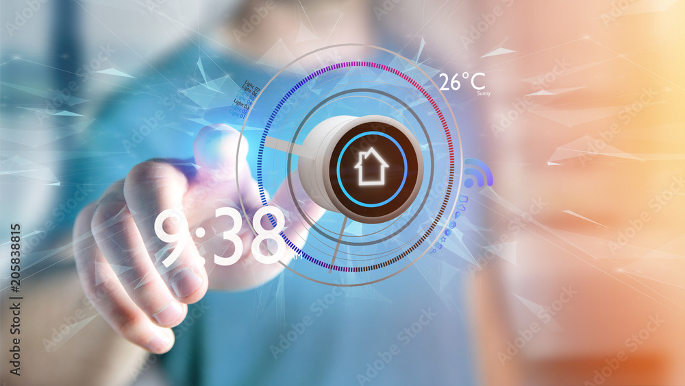 Poster businessman holding a button of a smart home automation app - 3d rendering