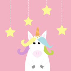 Unicorn Hanging stars dash line. Pastel color rainbow hair, white daisy chamomile. Flat lay design. Cute cartoon kawaii baby character. Funny horse. Valentines Day. Love card. Pink background