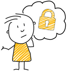 stick man standing and thinking bubble expression illustration yellow symbol lock security symbol