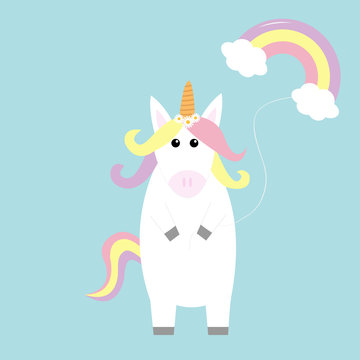 Unicorn holding rainbow cloud baloon. Kawaii face. Pastel color hair, daisy chamomile flower. Flat lay design. Cute cartoon baby character. Funny horse. Happy Valentines Day. Love card Blue background