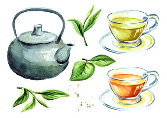 Tea set with pot, cups and green tea leaves. Watercolor hand drawn illustration, isolated on white background