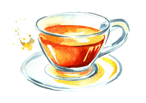 Cup with tea. Watercolor hand drawn illustration, isolated on white background