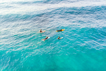 A group of surfers are waiting for a wave in a calm ocean, top view