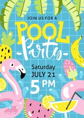 Pool party invitation. Flamingo pool float, cocktail, banana leaves, watermelon, pineapple and other hand drawn beach elements.