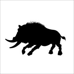 Black silhouette of moster wild boar on white background. Tattoo of fury pig. Vector illustration