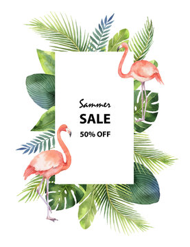 Watercolor vector summer sale banner of tropical leaves and the pink Flamingo isolated on white background.