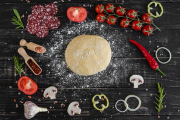 Preparation of the dough and vegetables to production of pizza. Ingredients for production of pizza on a wooden background