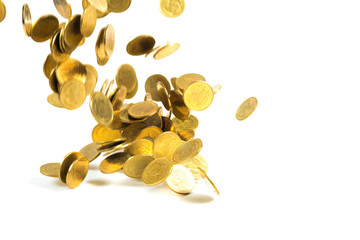 Falling gold coins money isolated on the white background, business money and finance concept.