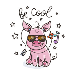 Cute cartoon baby pig in a cool sunglasses