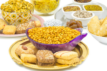 Indian Group of  Diwali and Holi Celebration Food Namkeen, Chivda, Chiwada, Karanji, Namkin, Nimco, Mixture Namkeen, Masala Chana, Gujiya, Chana Chor Garam, Cookies, Biscuits or Mouth Freshner