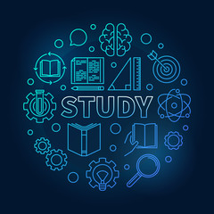 Fototapeta na wymiar Study vector round education blue illustration in line style