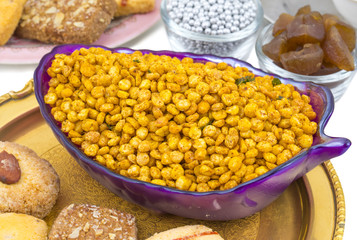 Indian Group of  Diwali and Holi Celebration Food Namkeen, Chivda, Chiwada, Karanji, Namkin, Nimco, Mixture Namkeen, Masala Chana, Gujiya, Chana Chor Garam, Cookies, Biscuits or Mouth Freshner