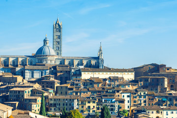 Obraz premium Beautiful medieval town in Tuscany, with view of the Dome & Bell Tower of Siena Cathedral (Duomo di Siena), landmark Mangia Tower and Basilica of San Domenico, Siena,Italy