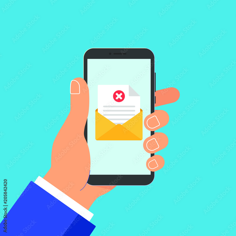 Poster hand hold phone with envelope document paper sheet page check mark cross and text icon sign and inde