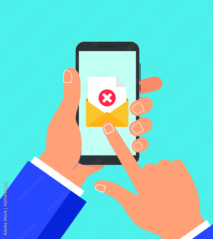 Aufkleber hand hold phone with envelope document paper sheet page check mark cross no text icon sign and index