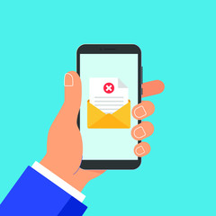 Hand hold phone with envelope document paper sheet  page check mark cross and text icon sign and index finger pointer touch the screen flat style vector illustration isolated on blue background.