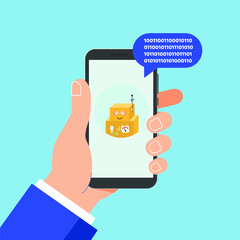 Hand holding black mobile phone isolated on blue background. Smartphone in human's hand with chat bot talk on the screen and popped above chat bubble flat design vector illustration. Chatting symbol.