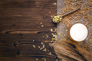 Beer in the mug glass with malt and hop and rye ears on the aged wooden table background.