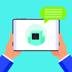 Hands holding black tablet device isolated on blue background. Pad tablet in human hands chat bot icon and popped chat bubble above flat design vector illustration. Symbol of ai chat bot conversation