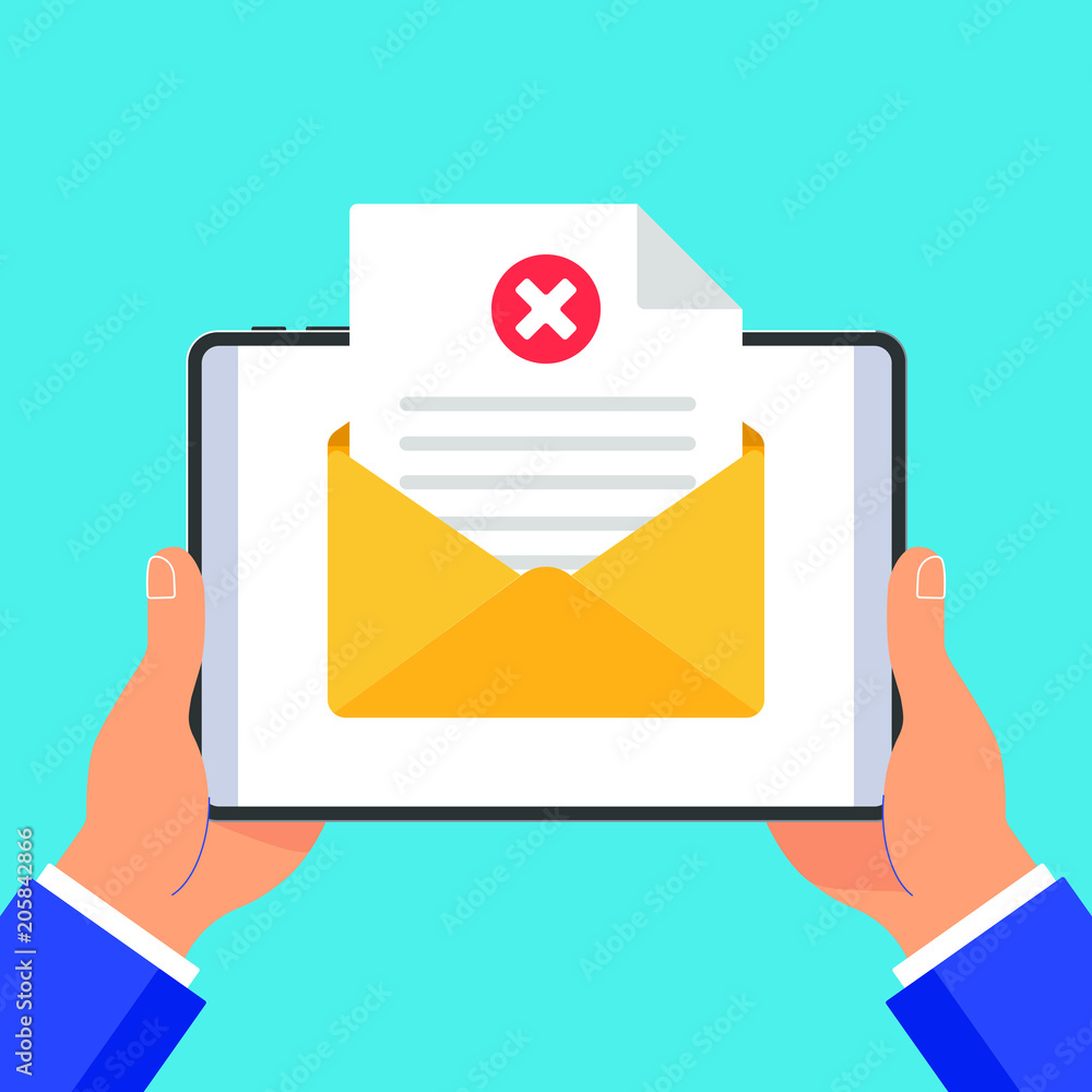 Poster hands holding black tablet with envelope open document paper sheet page check mark cross and text ic