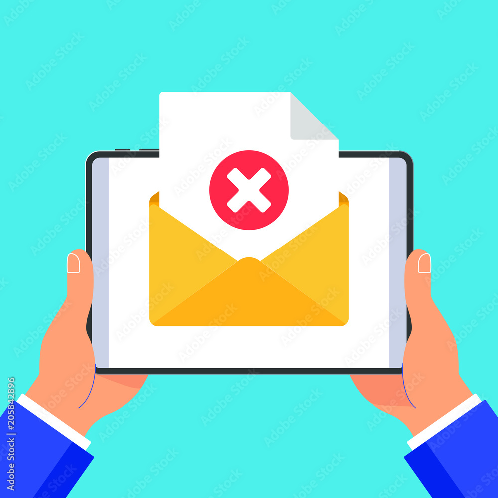 Poster hands holding black tablet with envelope open document paper sheet page check mark cross no text ico