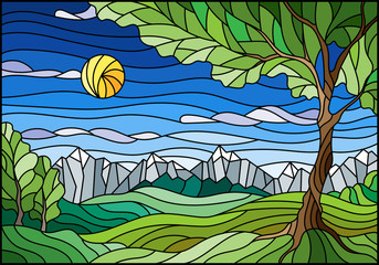 Fototapeta premium Illustration in stained glass style with landscape, green tree on mountain landscape and Sunny sky background