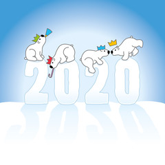 Four Partying Polar Bears Balancing on Frozen Year 2020 on Snow