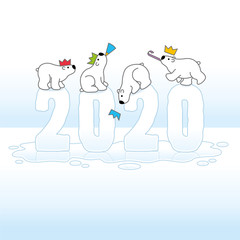 Four Partying Polar Bears Balancing on Melting Frozen Year 2020 on Ice