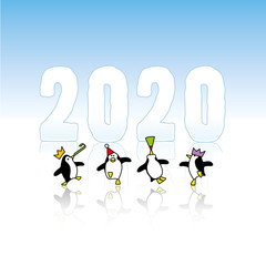 Obraz premium Partying Penguins Celebrating in front of Frozen Year 2020